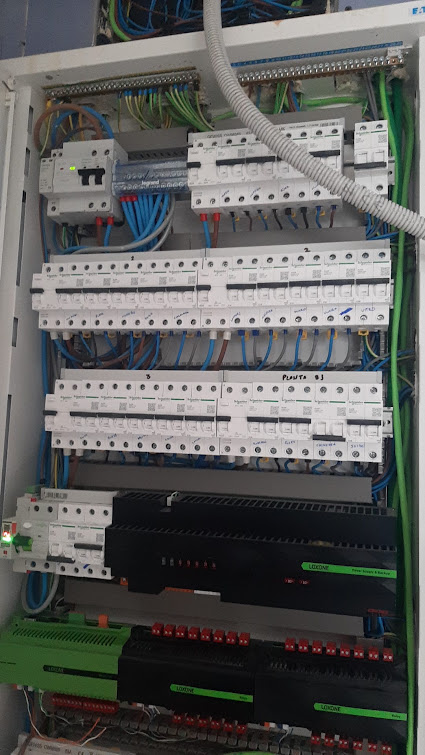 Cuadro eléctrico de distribución con protecciones Schneider Electric y módulos de automatización Loxone etiquetados
